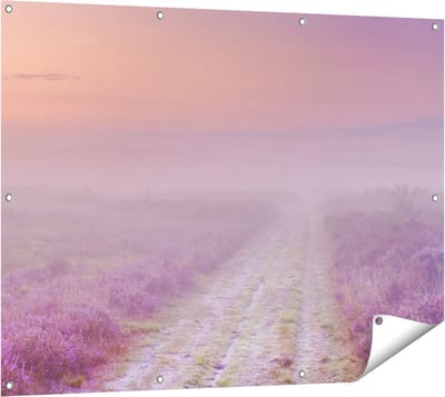Gards Tuinposter Pad in de Weide tijdens de Mist - 120x90 cm - Tuindoek - Tuindecoratie - Wanddecoratie buiten - Tuinschilderij