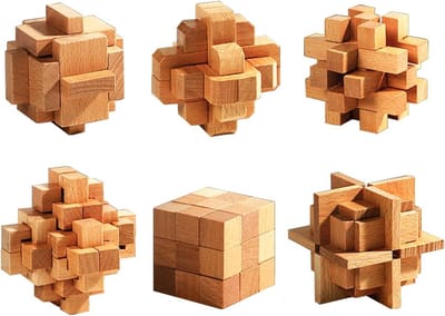 Houten Puzzelset - Breinbrekers Spelletjes - Mentale Uitdaging - Handgemaakt Traditioneel - 6 Stuks - Natuurlijk Hout