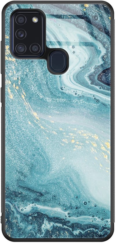 Hoesje geschikt voor Samsung Galaxy A21s - Marmer blauw - Luxe Glazen Hardcase - Marmer - Blauw