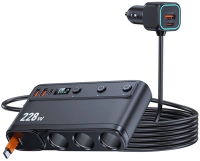 DrPhone CARXI - 228W Autolader 3x Sigarettenaansteker + QC3.0 & PD USB-C – 9-in-1 Snellader met 65cm Uittrekbare Type-C Kabel