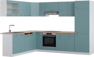 Vicco Hoekkeuken R-Line, Blauw-grijs/Wit, 287 x 227 cm, WB Eik