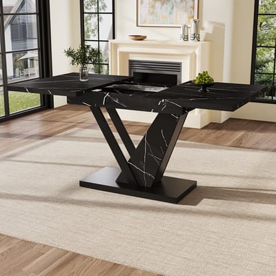 DESMIU Eettafel - Uitschuifbaar Met Marmerlook En Stevige Constructie - Voor Keuken En Woonkamer - Zwart - 120-160x75x75,5 Cm