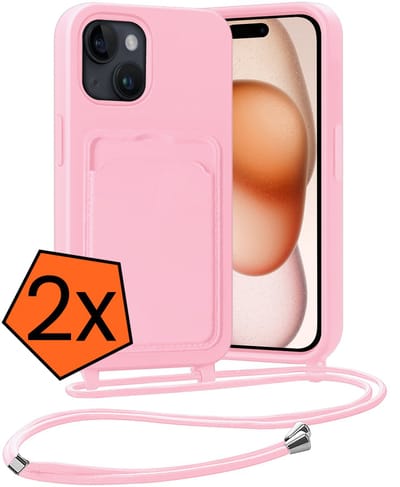 Hoesje Geschikt voor iPhone 15 Plus Hoesje Met Telefoonketting Pasjeshouder Case Koord - Hoesje Geschikt voor iPhone 15 Plus Hoes Met Kaarthouder - Lichtroze - 2 PACK