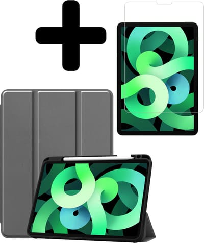 Hoes - Geschikt voor Apple iPad Air 5 (2022) - 10.9 inch - 5e Generatie - M1 - Met Screenprotector - Trifold Bookcase - Hard Cover Case - Met Uitsparing Geschikt voor Apple Pencil - Hardcover Book - Tablet Hoesje - Grijs