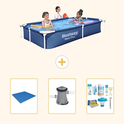 Bestway Rechthoekig Steel Pro Zwembad - 221 x 150 x 43 cm - Blauw - Inclusief Grondzeil - Zwembadfilterpomp - Onderhoudspakket - 4-delig