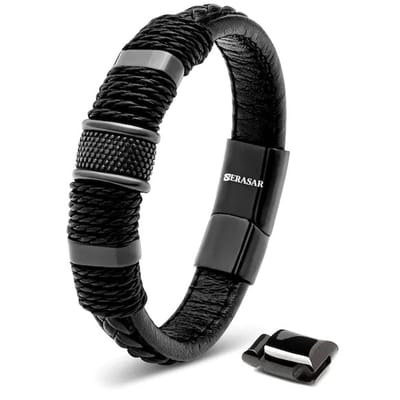 SERASAR Lederen Herenpolsbandje [Ring] - Zwart 17cm - Geweldig-Idee