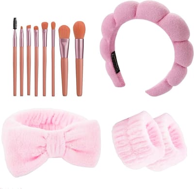 Set van 12 Haarbanden voor Dames met Zachte Make-up Kwasten, Polsbandjes en Gezichtsreinigingsdoekjes voor Douche en Huidverzorging (Roze)
