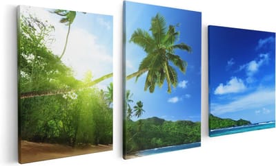 Artaza Canvas Schilderij Drieluik Strand Tijdens Zonsondergang In Seychellen - 120x60 - Foto Op Canvas - Canvas Print