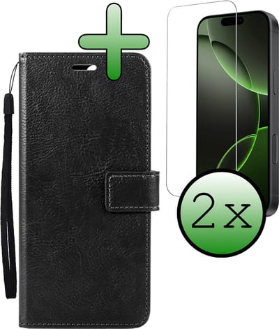 Hoesje Met 2x Screenprotector - Geschikt voor Apple iPhone 16 Pro - Luxe Pasjeshouder - Bookcase Portemonee - Flip Case - Kunstleer Book Case - Flipcase Hoes - Book Cover - Walletcase - Portemonneehoes - Zwart