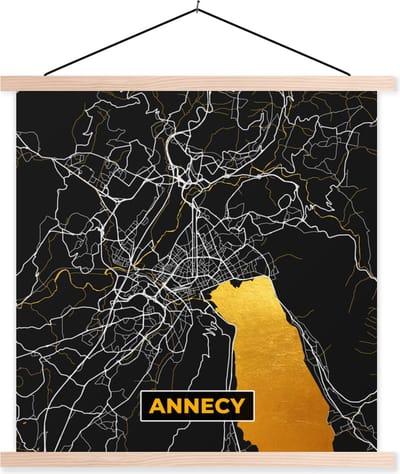 Posterhanger incl. Poster 40x40 cm - Schoolplaat - Annecy - Plattegrond – Stadskaart – Frankrijk - Kaart - Textielposter - Blanke latten - Stadskaart
