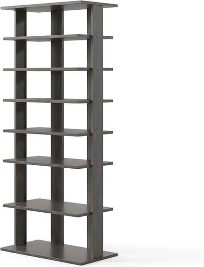 KOMFOTTEU Schoenenrek smal en hoog, schoenenkast rek hout 8 niveaus, schoenenstandaard schoenenrek verticaal, schoenenorganizer ruimtebesparend, houten rek staand rek opbergrek hoekrek