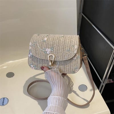Modieuze Geweven Tas van Stro voor Vrouwen Nieuwe Stijl Kleine Frisse Geweven Zadeltas met Kantbloemen Modieuze Schoudertas Crossbodytas gray