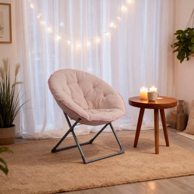 MODFU - Opvouwbare Maanstoel - Zachte Bekleding - Rond Rugontwerp - Voor Woonkamer - Stof En Metaal - Roze