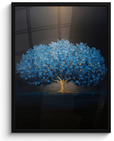 Poster in lijst - Fotolijst 60x80 cm - Posters - Boom - Blauw - Bladeren - Penseelstreken - Posterlijst zwart - Decoratie - Wanddecoratie woonkamer - Muurdecoratie slaapkamer