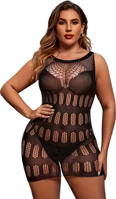 LekkerStout Plus Size Doorschijnende Jurk - Zwart - Sexy Lingerie | M-XL | ( LS205 )