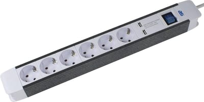 Verlengsnoer met 6 Stopcontacten en 2 USB-Poorten, 1.5 Meter Kabel, Wit