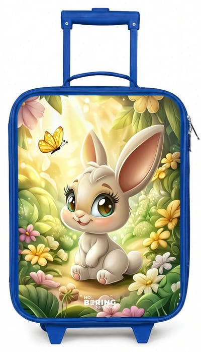 NoBoringSuitcases.com® - Kinderkoffer blauw - Kindertrolley jongen - Konijn - Zonlicht - Sprookjesachtig - Vlinder - Koffer kind lichtgewicht - Reiskoffer trolley voor kinderen - Koffertje met lichtgevende wieltjes - Rolkoffer