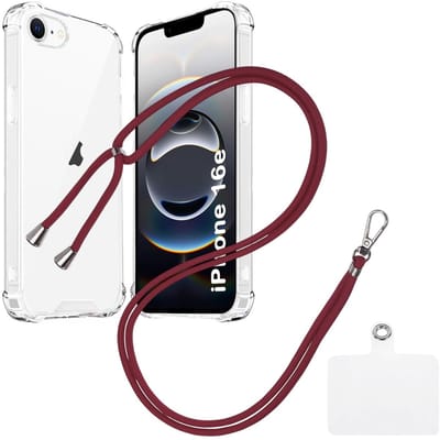 Shock Proof Case Hoes Geschikt voor iPhone 16E Hoesje Transparant Met universele Telefoonkoord bordeaux - Cover - Nek Hanger - Koord Hoes