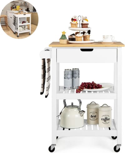 Keukeneiland - Verplaatsbaar - Keukenkast - Dressoir - Organizer - Kasten - Houten Werkblad - Lade - Wit