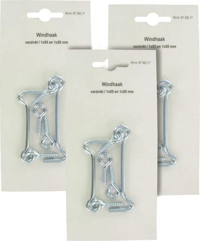 STARX set 6 gegalvaniseerde windhaken | 3 st 60mm en 3 st 80 mm | met sluitoog