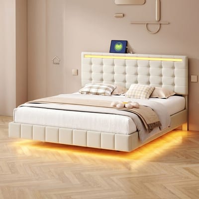 Gestoffeerd Tweepersoonsbed 160x200 cm – Zwevend Bed met RGB LED-Verlichting, USB-Aansluitingen, Verstelbaar Hoofdbord, Beige