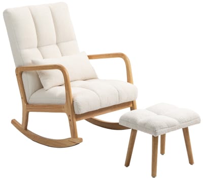 Afmetingen 82x64,5x99cm Wit Schommelstoel met Voetenbank Schaukelsessel Fleece Bekleding Armleuningen Hoge Rugleuning Houten Kufen Gepolsterde Stillsstoel Relaxstoel Woonkamer Slaapkamer Ergonomische Schommelstoel Comfortabele Loungefauteuil