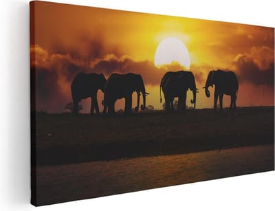 Artaza Canvas Schilderij Olifant - 40x20 cm - Klein - Wanddecoratie Zonsondergang - Muurdecoratie Afrika - Schilderijen Op Canvas Dieren