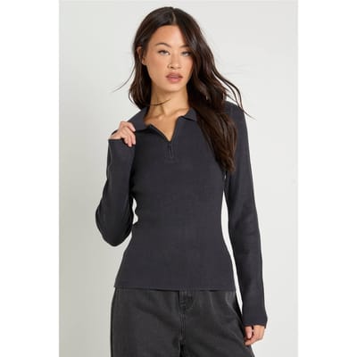 boohoo Dames Lange Premium Ribgebreide Top met Lange Mouwen en Kraag | Charcoal | Maat: 6