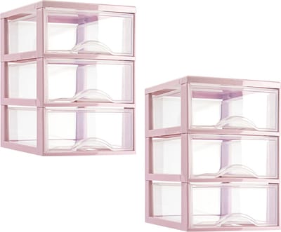 Plasticforte ladeblokje/bureau organizer - 2x - 3 lades - transparant/roze - L18 x B25 x H25 cm