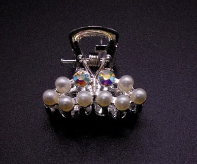 Haarklem metaal klein zilver met parels + gekleurde diamanten