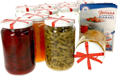 Set van 12 ronde potten 720 ml Naar 82 lintdeksel incl. Diamant Gelierzauber receptenboekje