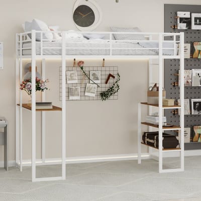 MODENUIT Hoogslaper Zonder matras – Met Bureau in L-vorm en Opbergruimte – Trap Links/Rechts Plaatsbaar – Metaal – Wit
