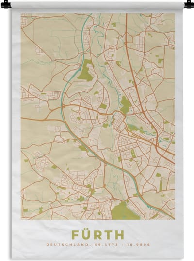 Wandkleed - Wanddoek - Plattegrond - Fürth - Vintage - Stadskaart - Kaart - 120x180 cm - Wandtapijt