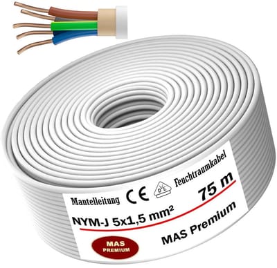 Vochtige Ruimtes Stroomkabel NYM-J 5x1,5, 2,5, 4, 6, 10, 16 - Voor Vaste Installatie - Lengtes van 5 tot 170 meter