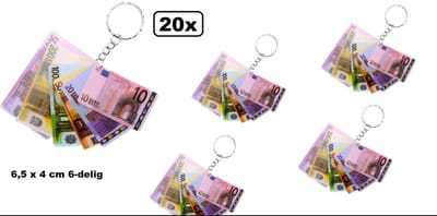 20x Sleutelhanger euro biljetten 6,5 x 4 cm 6-delig - sleutel hanger verjaardag school thema feest festival fun geld money