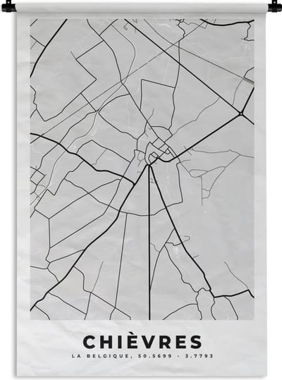 Wandkleed - Wanddoek - Stadskaart – Zwart Wit - Kaart – Chièvres – België – Plattegrond - 120x180 cm - Wandtapijt