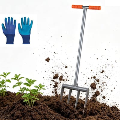 Grave fork voor harde en stenige bodems, 31 x 107,5 cm, 4-tands spade van hoog-mangaan staal, inclusief handschoenen voor optimaal gebruik