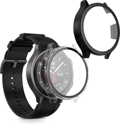kwmobile 2x cover geschikt voor OnePlus Watch 2 / OPPO Watch X - Fitnesstracker cover van gehard glas en kunststof frame set transparant / zwart