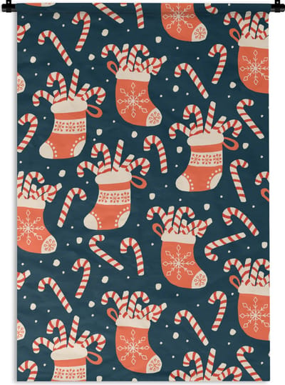 Wandkleed - Wanddoek - Sokken - Snoep - Kerst - Patronen - 60x90 cm - Wandtapijt