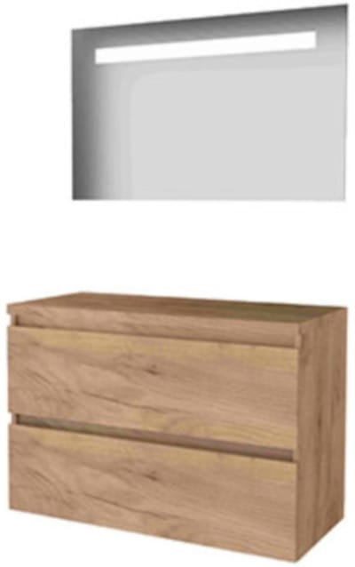 Basic-Line Economic 46 Badkamermeubelset - 100 x 46 cm - Greeploos - 2 Lades - Wastafelblad - Spiegel met LED Verlichting - Whisky Oak