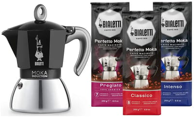 Bialetti Moka Inductie Zwart - 2-kops - 100ml + Bialetti Koffie Proefpakket 3 x 250gr