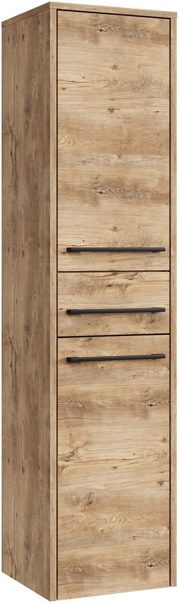 Badplaats Badkamerkast Florence 30 x 35 x 130 cm – Kastanje Eiken – Hangende Kolomkast met 2 Deuren en 1 Lade