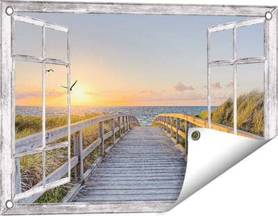 Gards Tuinposter Doorkijk Voetpad met Zee en Vogels - 60x40 cm - Tuindoek - Tuindecoratie - Wanddecoratie buiten - Tuinschilderij