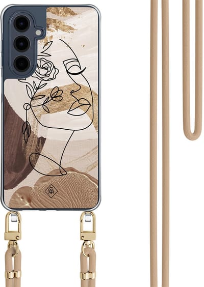 Casimoda® hoesje met beige koord - Geschikt voor Samsung A16 - Abstract Gezicht Bruin - Afneembaar koord - TPU/polycarbonaat - Bruin/beige