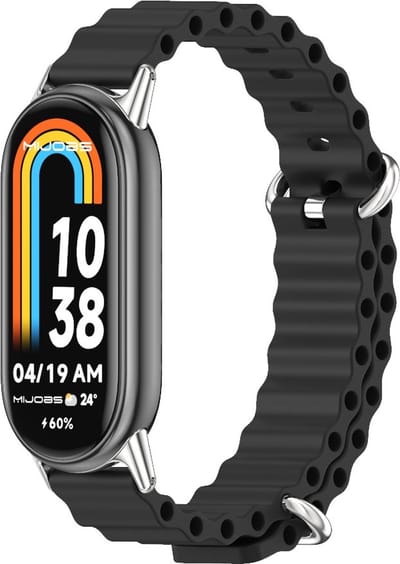By Qubix - Ocean siliconen bandje - Zwart met zilveren aansluiting - Geschikt voor Xiaomi Smart Band 8 / 9 / 10
