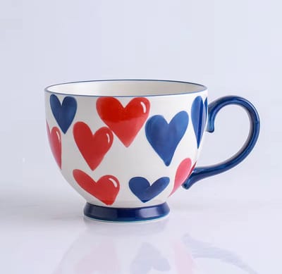 Grote Keramische Hartjes Mok - Rood en Donkerblauw Patroon - Soepkom/Theemok met Oor - 450ml