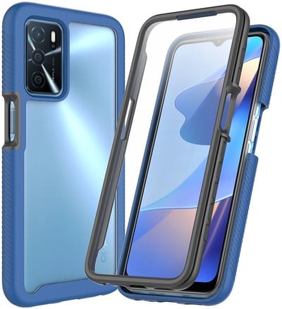 Oppo A16 / A16s / A54s Hoesje | Met ingebouwde screenprotector | Full Protect valbescherming | Doorzichtig / Blauw