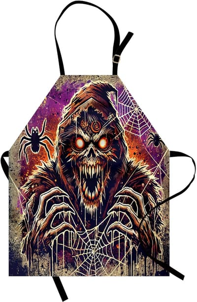 ABAKUHAUS Halloween kookschort, grunge enge zombie-tovenaar, unisex keuken-slabbetje met verstelbare hals voor koken en tuinieren, paars oranje beige