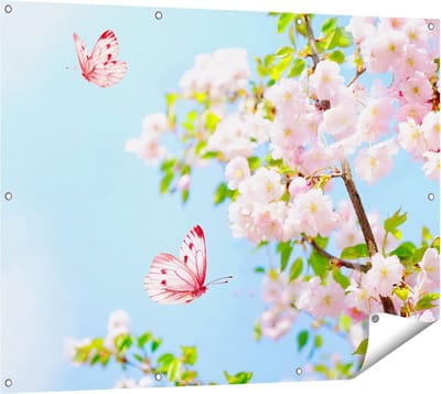 Gards Tuinposter Twee Roze Vlinders bij Roze Bloesem Bloemen - 120x90 cm - Tuindoek - Tuindecoratie - Wanddecoratie buiten - Tuinschilderij