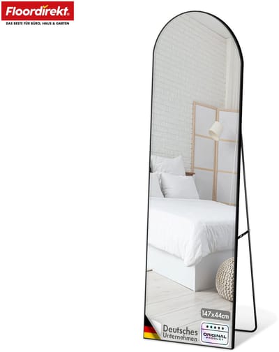 FLOORDIREKT Lichaams-Spiegel Madison - Zwart 147 x 44 cm - Gebogen Aluminium Frame - Vrijstaand & Wandmontage - Voor Slaapkamer, Woonkamer & Garderobe
